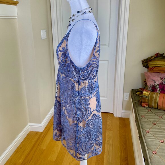 Free People Dress Mini Party Blue Night Shimmers Sequins Plunging V-Neck Glam 10 - Picture 2 of 8